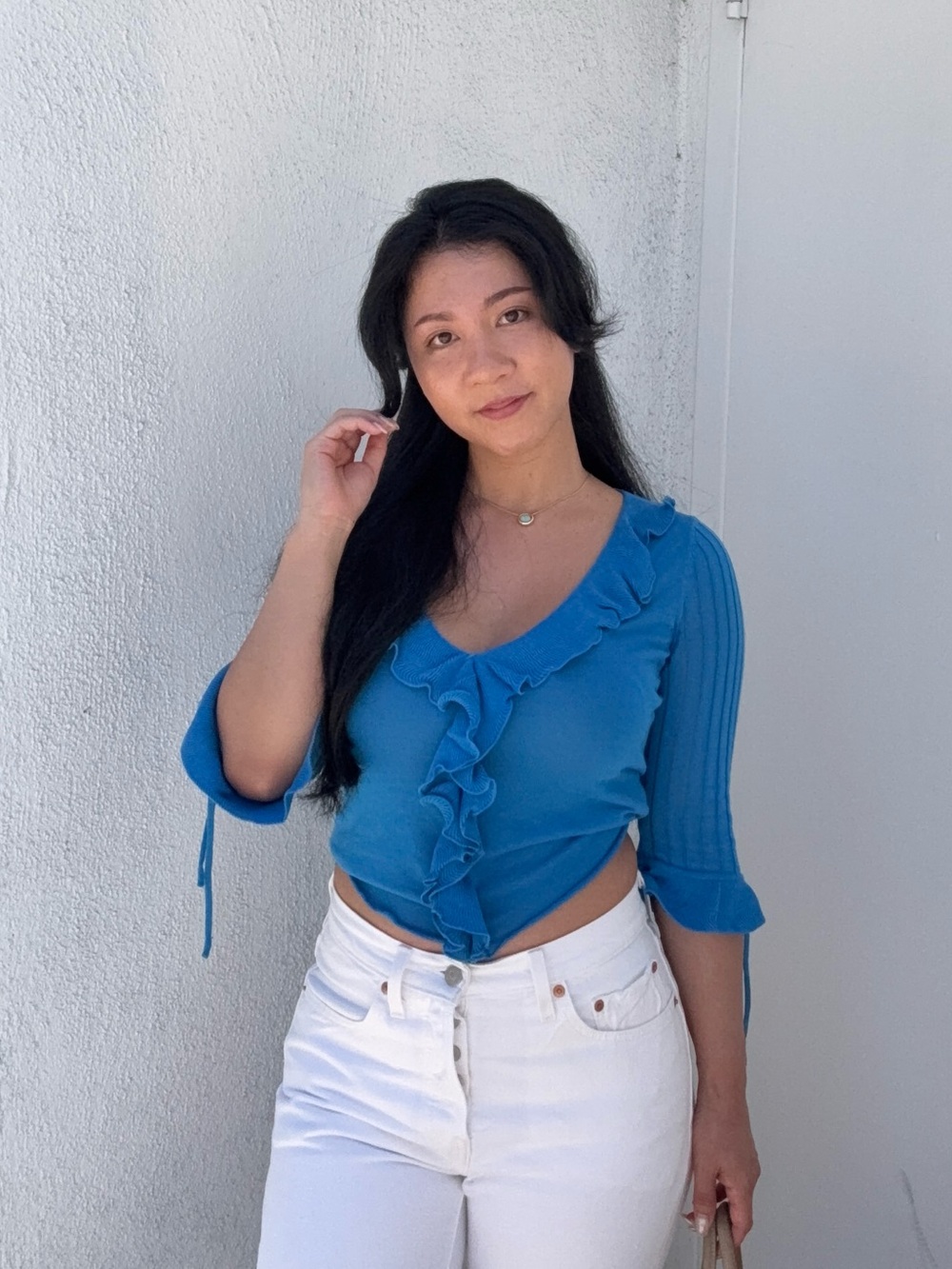With Jean Bright Blue Ruffle V-Neck Tie-Front Top